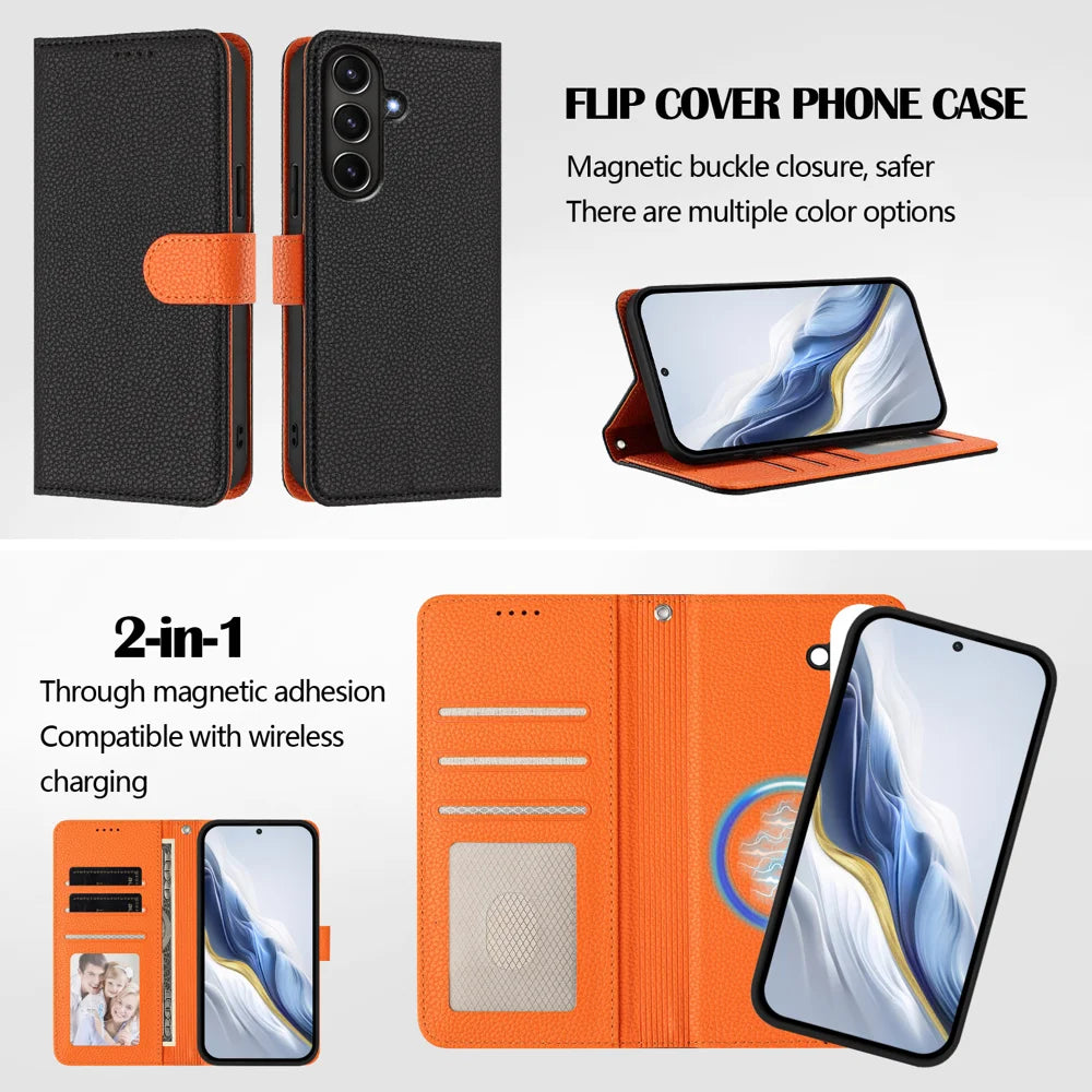 For Samsung Galaxy A37 5G / A56 5G / A36 5G Leather Case Magnetic Case Detachable Wallet Phone Cover with Hand Strap - Black / Orange - 6
