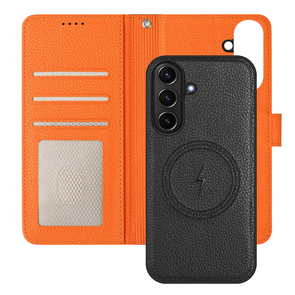 For Samsung Galaxy A37 5G / A56 5G / A36 5G Leather Case Magnetic Case Detachable Wallet Phone Cover with Hand Strap - Black / Orange - 7