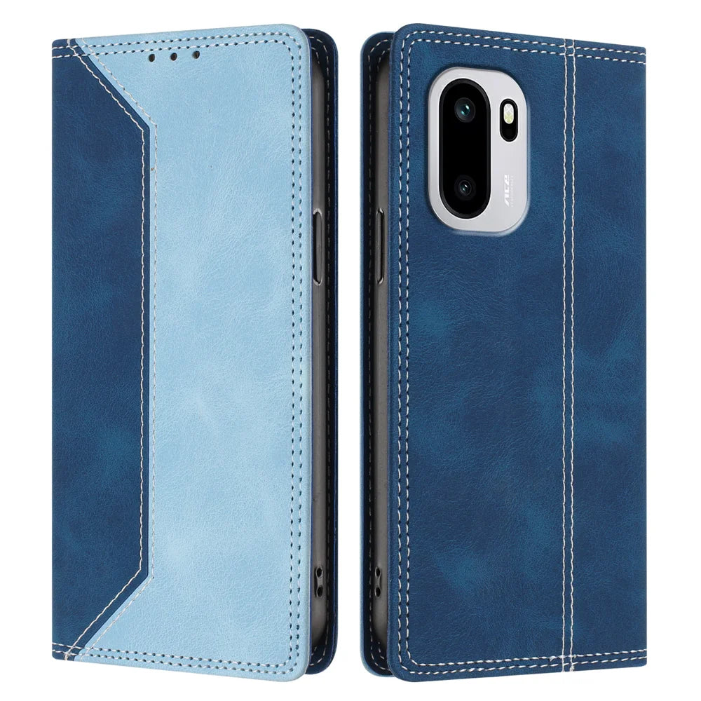 For OnePlus 15R 5G / Ace 6T 5G / Ace 6 5G Leather Case Skin Touch Color Splicing RFID Blocking Wallet Stand Phone Cover - Dark Blue / Blue - 1