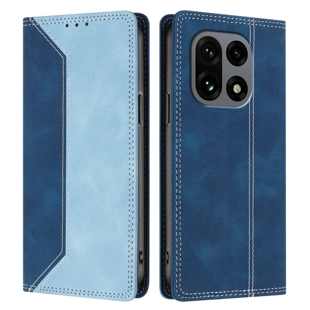 For OnePlus 15 5G Leather Case Skin Touch Color Splicing RFID Blocking Wallet Stand Phone Cover - Dark Blue / Blue - 1