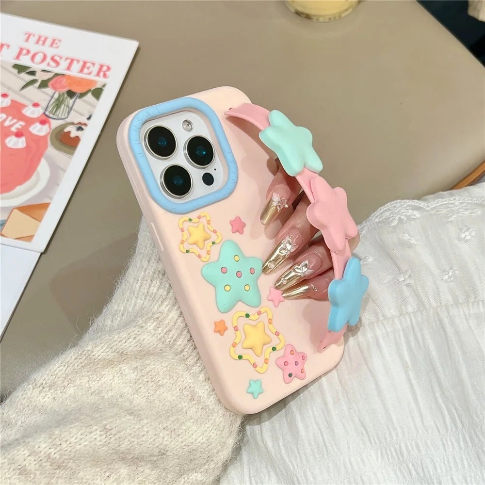 For iPhone 15 Pro Silicone Case with Wristband Kickstand Cute Star Design Shockproof Phone Back Cover - 1