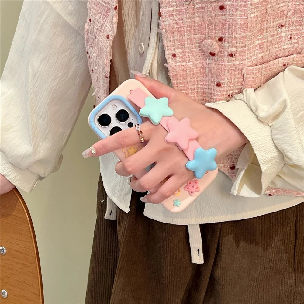 For iPhone 15 Pro Silicone Case with Wristband Kickstand Cute Star Design Shockproof Phone Back Cover - 6