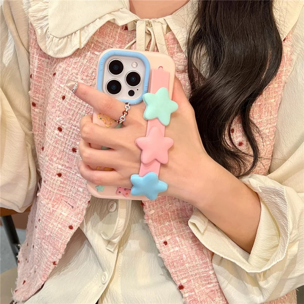 For iPhone 16 Pro Max Silicone Case with Wristband Kickstand Cute Star Design Shockproof Phone Back Cover - 3