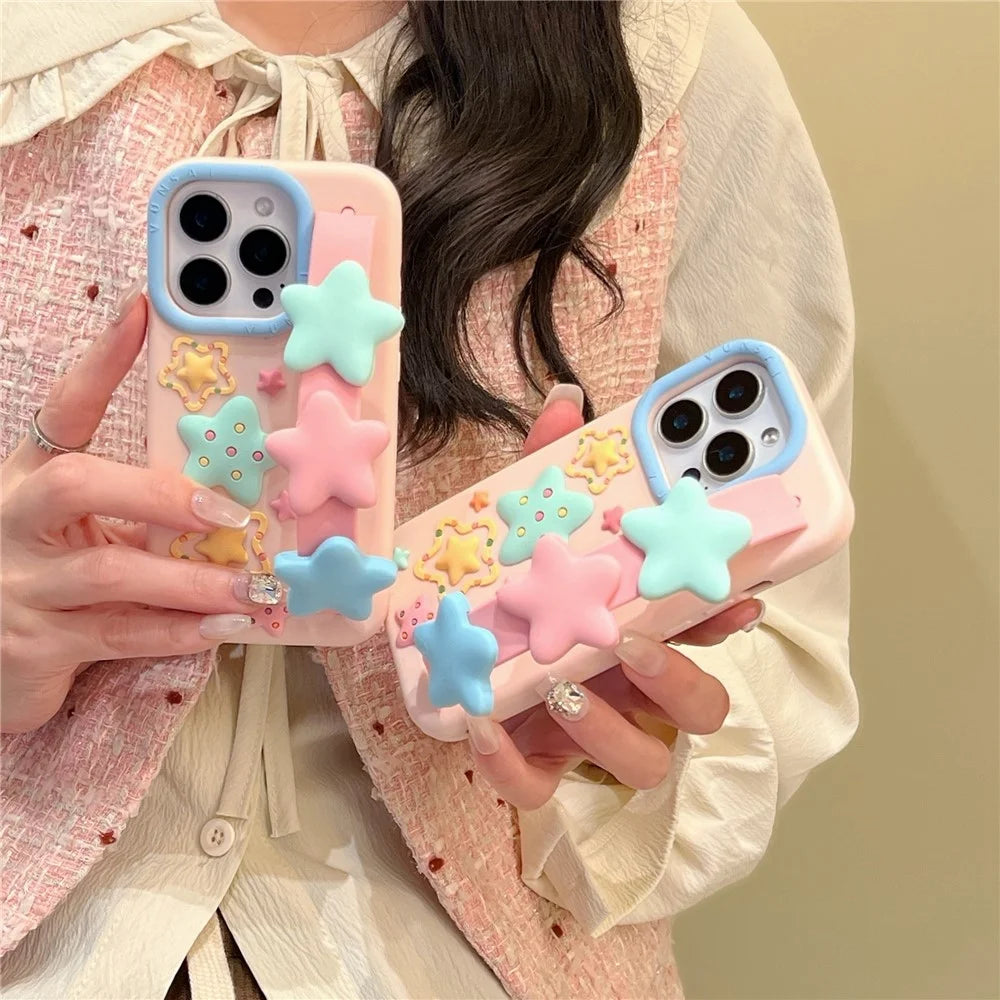 For iPhone 16 Pro Max Silicone Case with Wristband Kickstand Cute Star Design Shockproof Phone Back Cover - 4