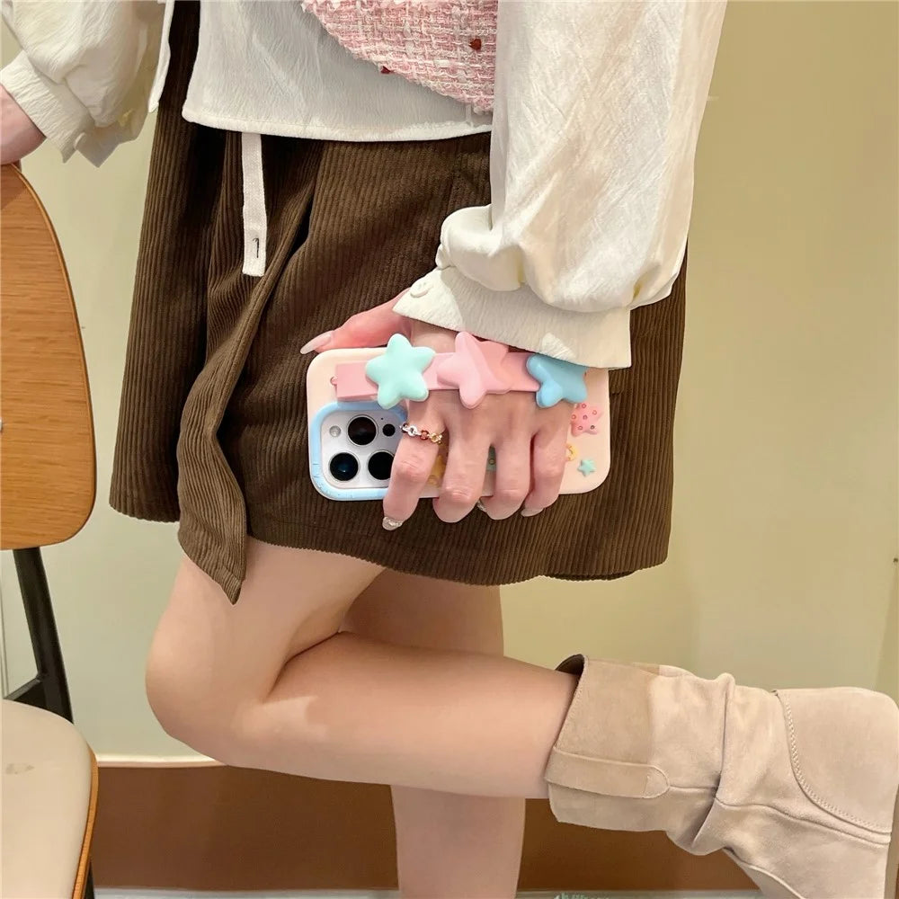 For iPhone 16 Pro Max Silicone Case with Wristband Kickstand Cute Star Design Shockproof Phone Back Cover - 6