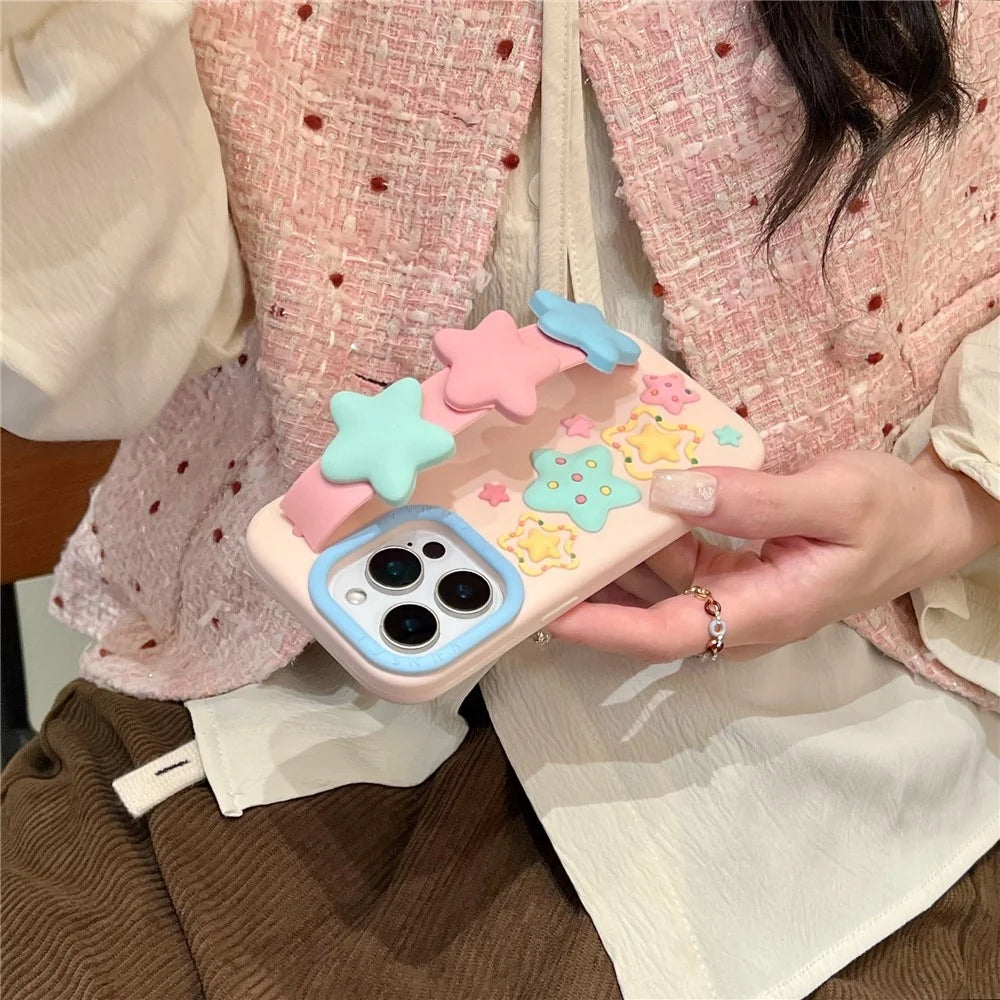 For iPhone 16 Pro Max Silicone Case with Wristband Kickstand Cute Star Design Shockproof Phone Back Cover - 7