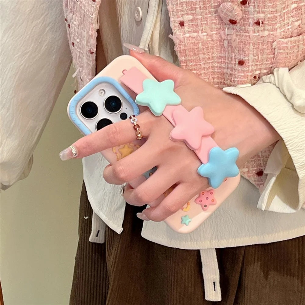 For iPhone 16 Pro Silicone Case with Wristband Kickstand Cute Star Design Shockproof Phone Back Cover - 1