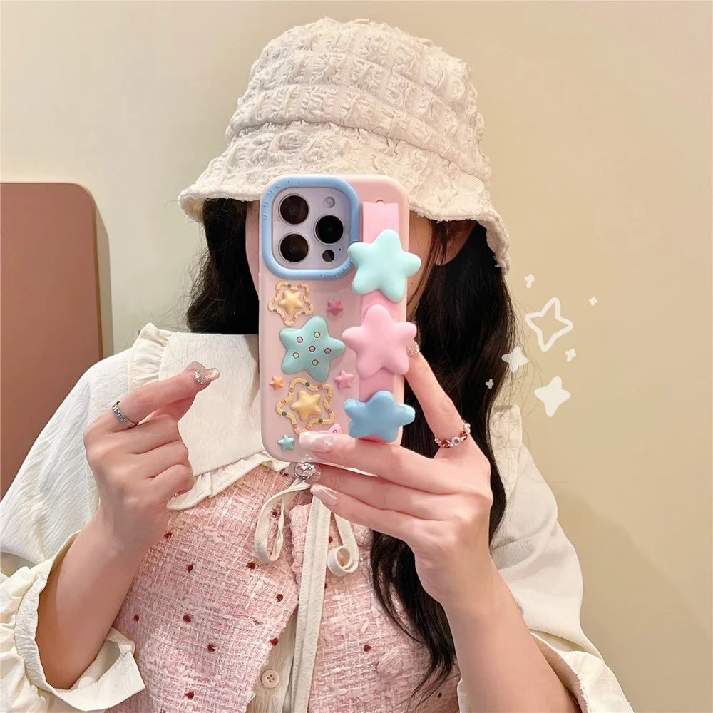For iPhone 16 Pro Silicone Case with Wristband Kickstand Cute Star Design Shockproof Phone Back Cover - 2