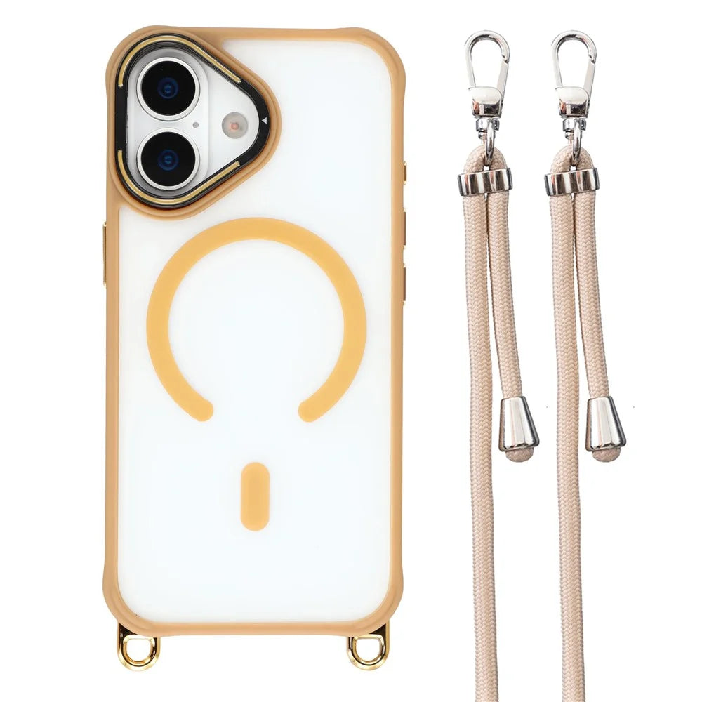 For iPhone 16 Plus Case Compatible with MagSafe PC TPU Phone Cover with Adjustable Lanyard / Camera Frame Kickstand - Brown - 1