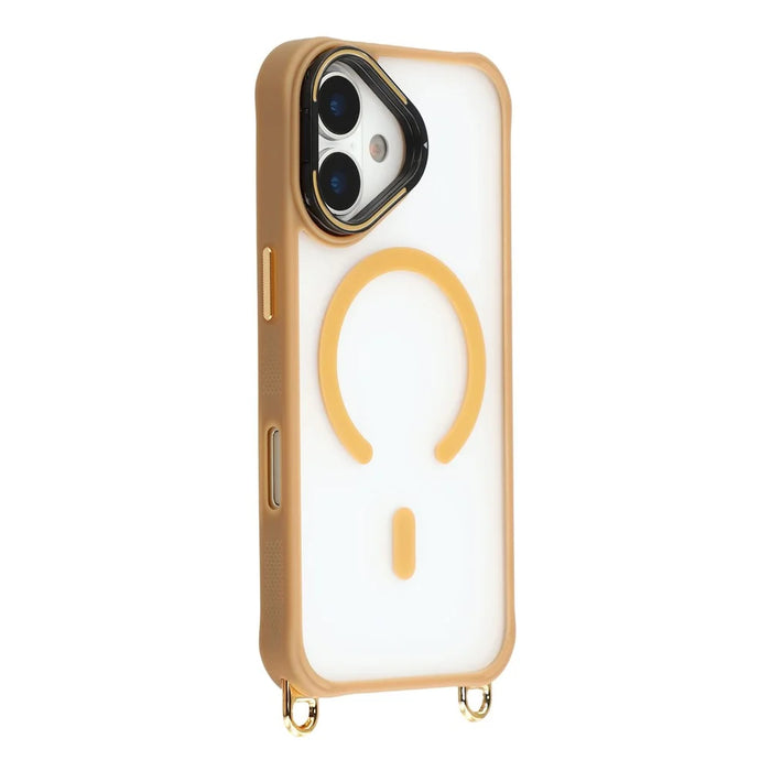 For iPhone 16 Plus Case Compatible with MagSafe PC TPU Phone Cover with Adjustable Lanyard / Camera Frame Kickstand - Brown - 3