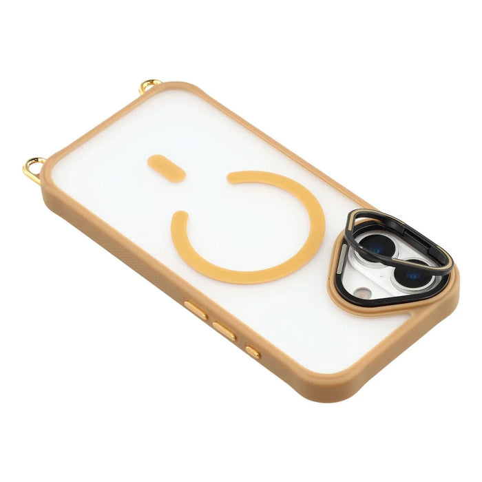 For iPhone 16 Plus Case Compatible with MagSafe PC TPU Phone Cover with Adjustable Lanyard / Camera Frame Kickstand - Brown - 6