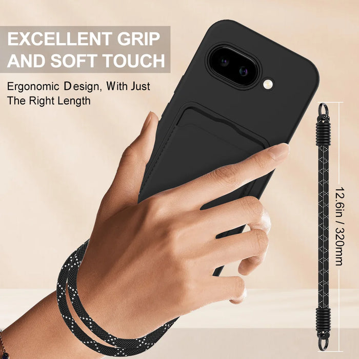 For Google Pixel 9a Liquid Silicone Case  Phone Back Cover with Card Holder and Short Strap - Black - 3