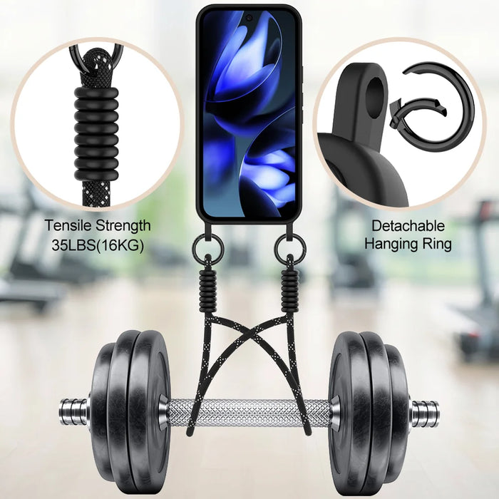For Google Pixel 9a Liquid Silicone Case  Phone Back Cover with Card Holder and Short Strap - Black - 4