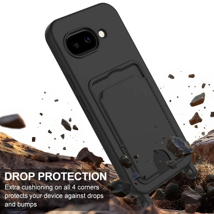 For Google Pixel 9a Liquid Silicone Case  Phone Back Cover with Card Holder and Short Strap - Black - 5
