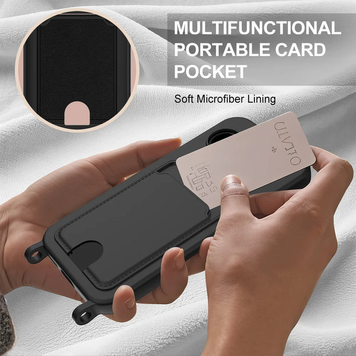 For Google Pixel 9a Liquid Silicone Case  Phone Back Cover with Card Holder and Short Strap - Black - 6