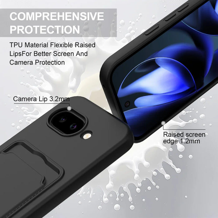 For Google Pixel 9a Liquid Silicone Case  Phone Back Cover with Card Holder and Short Strap - Black - 7