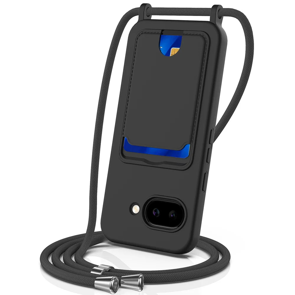 For Google Pixel 9a Case Liquid Silicone Card Holder Back Phone Cover with Lanyard - Black - 1