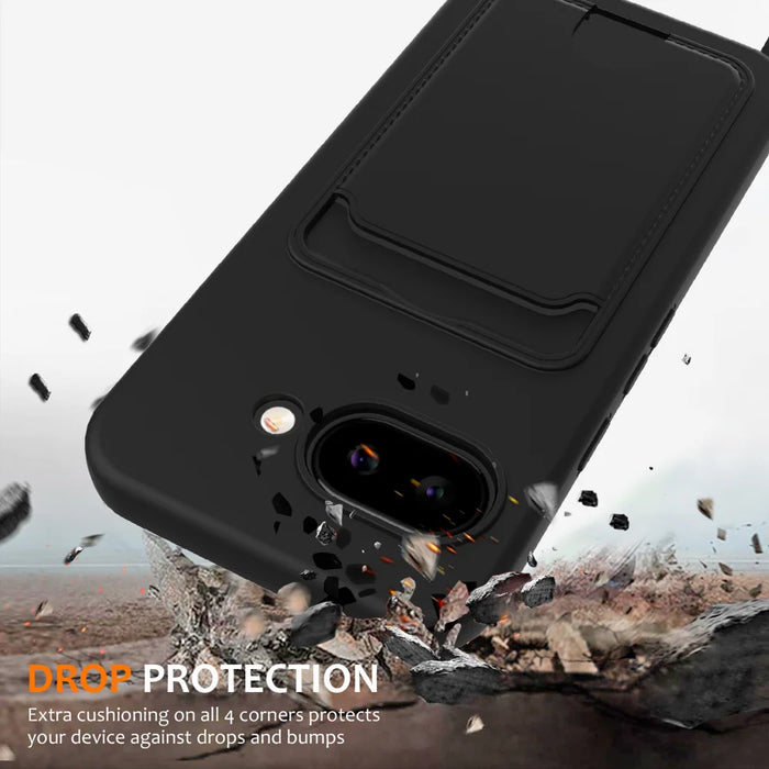 For Google Pixel 9a Case Liquid Silicone Card Holder Back Phone Cover with Lanyard - Black - 2