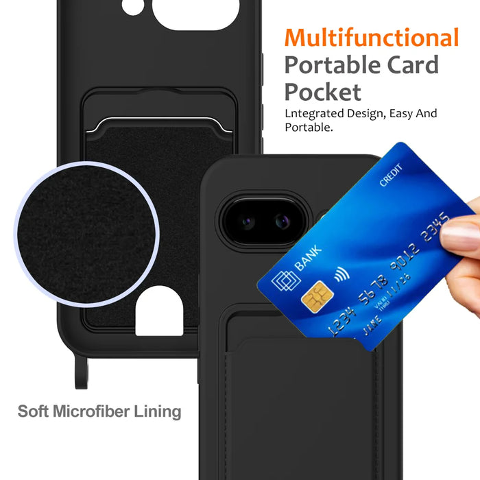 For Google Pixel 9a Case Liquid Silicone Card Holder Back Phone Cover with Lanyard - Black - 4