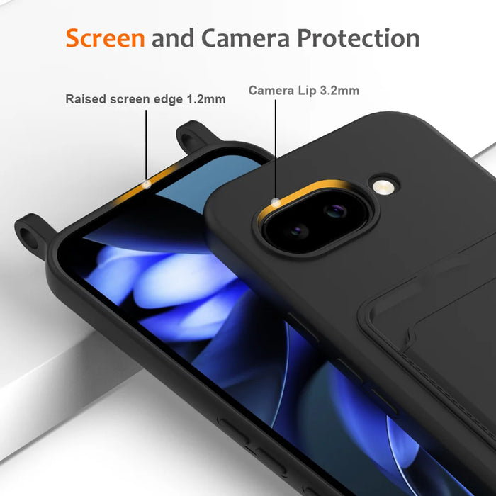 For Google Pixel 9a Case Liquid Silicone Card Holder Back Phone Cover with Lanyard - Black - 5