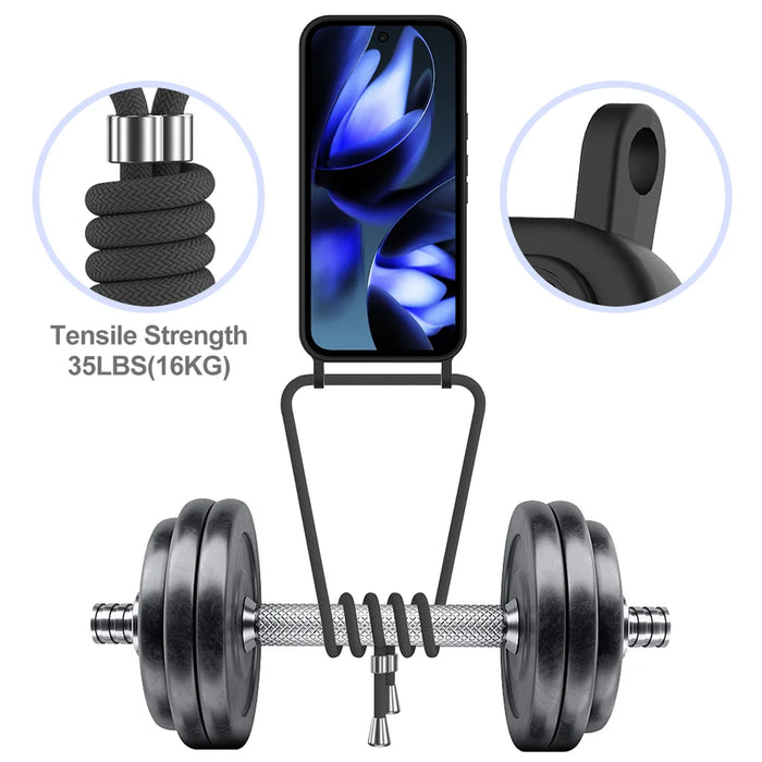 For Google Pixel 9a Case Liquid Silicone Card Holder Back Phone Cover with Lanyard - Black - 6