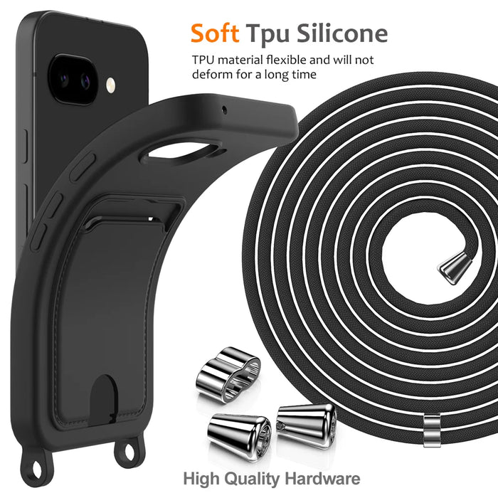 For Google Pixel 9a Case Liquid Silicone Card Holder Back Phone Cover with Lanyard - Black - 7