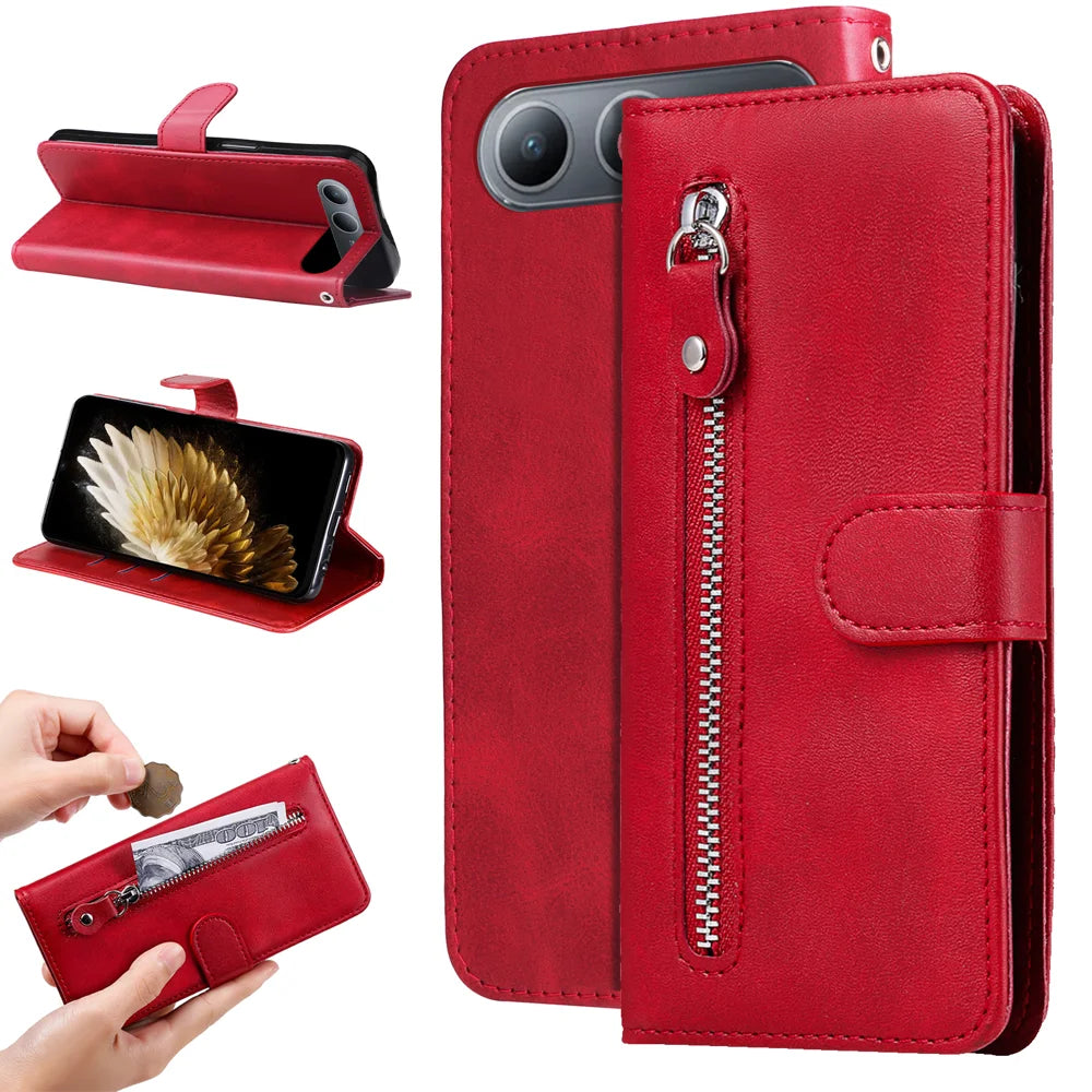 For Infinix Hot 60i 5G PU Leather Cases with Zipper Pocket Wallet Phone Cover Stand - Red - 2