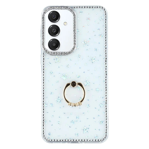 For Samsung Galaxy S25 FE Case with Ring Kickstand Rhinestone Edge TPU + PC IMD Phone Cover - Starry Transparent - 1