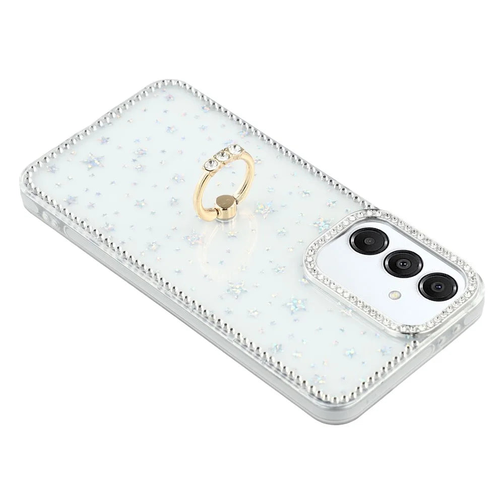 For Samsung Galaxy S25 FE Case with Ring Kickstand Rhinestone Edge TPU + PC IMD Phone Cover - Starry Transparent - 3