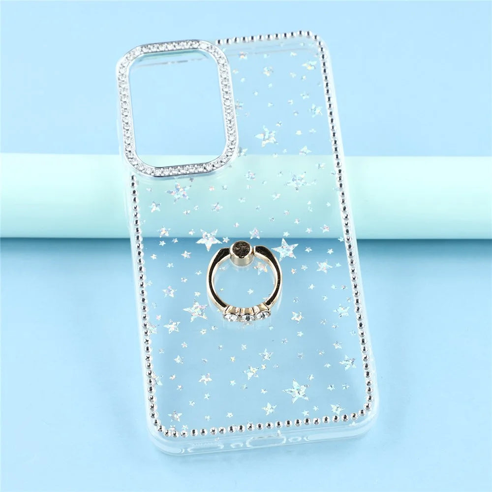 For Samsung Galaxy S25 FE Case with Ring Kickstand Rhinestone Edge TPU + PC IMD Phone Cover - Starry Transparent - 4