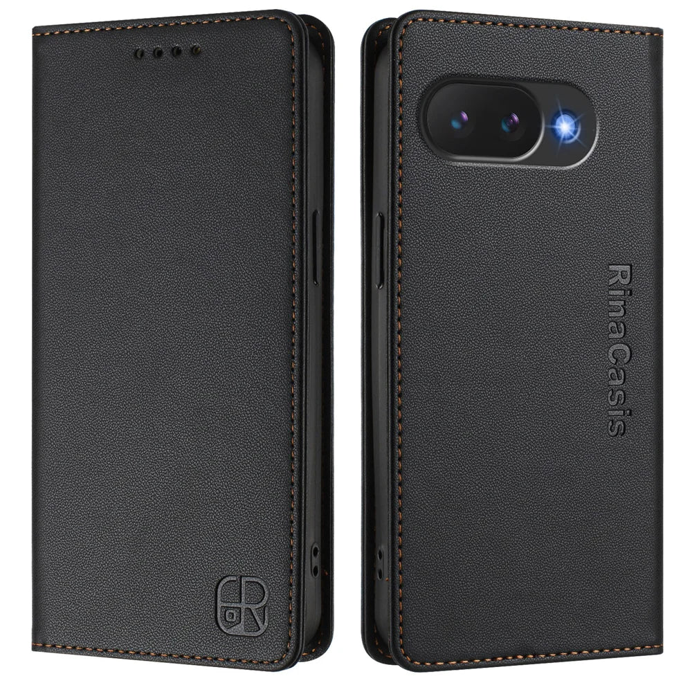 For Google Pixel 10a Leather Case RINACASIS RC01 Phone Cover with RFID Blocking Wallet Stand - Black - 1
