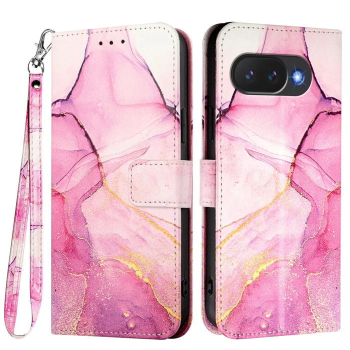For Google Pixel 10a Case with Strap Marble Pattern Leather Phone Cover Card Holder - Pink / Purple / Gold LS001 - 1
