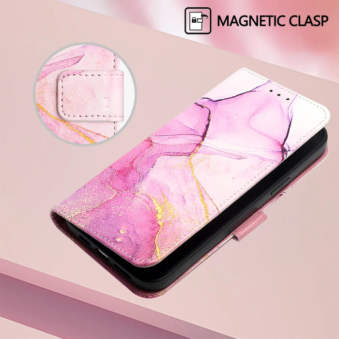 For Google Pixel 10a Case with Strap Marble Pattern Leather Phone Cover Card Holder - Pink / Purple / Gold LS001 - 7