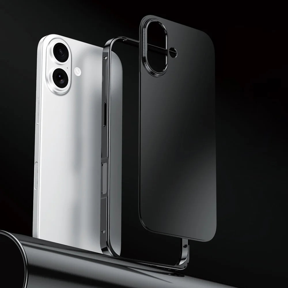 For iPhone 17 Case Locking Buckle Alloy Frame Matte PC Back Phone Cover - Black - 1