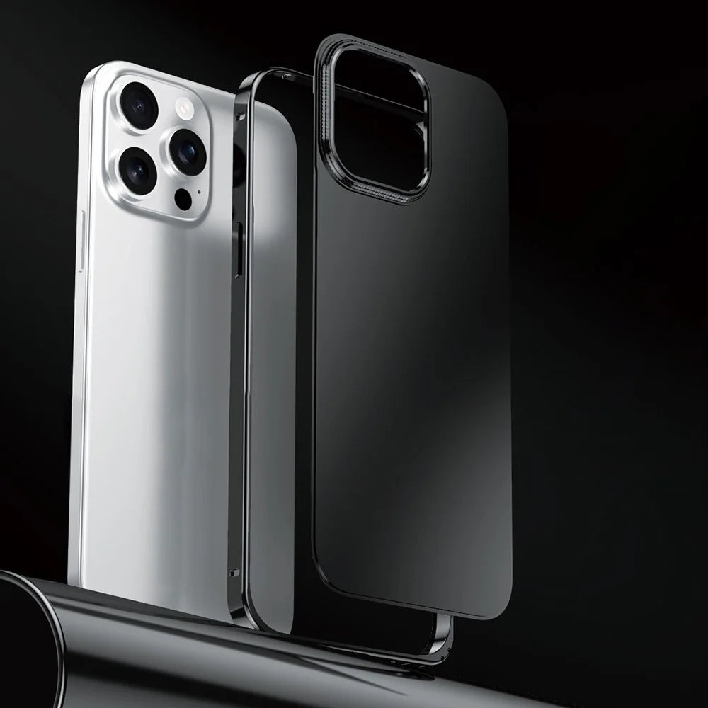 For iPhone 15 Pro Case Locking Buckle Alloy Frame Matte PC Back Phone Cover - Black - 1