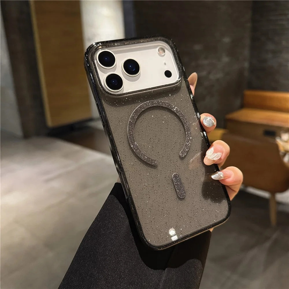 For iPhone 17 Pro Max Case with Kickstand Compatible with MagSafe 2.0MM TPU PC Glitter Phone Cover - Transparent Black - 3