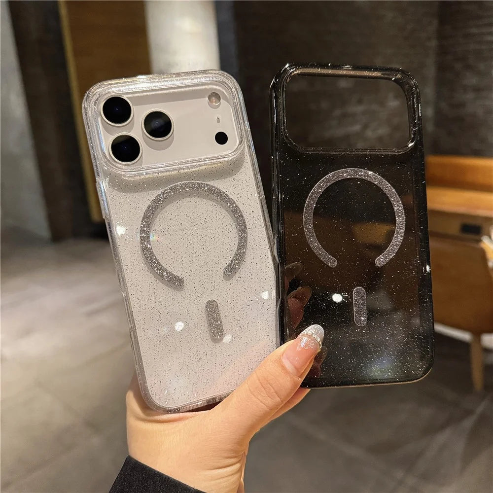 For iPhone 17 Pro Phone Case 2.0MM Compatible with MagSafe TPU PC Glitter Starlight Phone Back Cover - Transparent Black - 4
