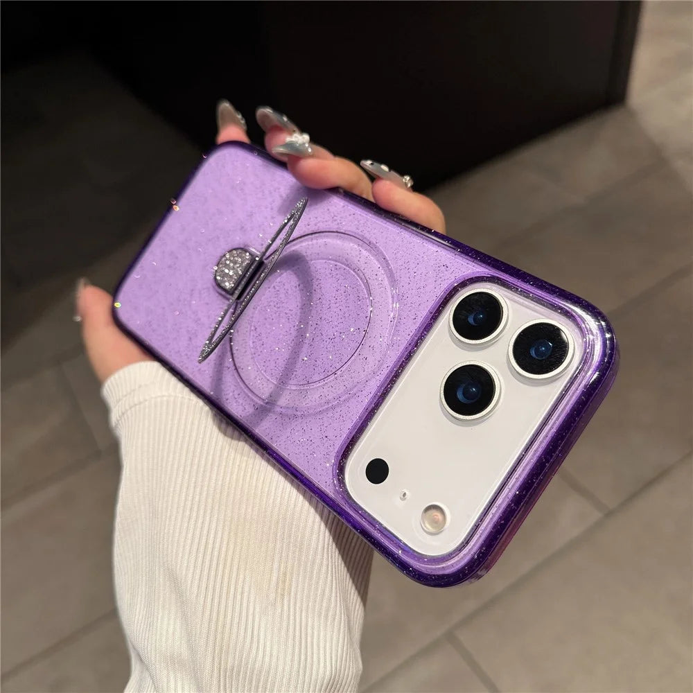 For iPhone 17 Pro Max Case with Kickstand Compatible with MagSafe 2.0MM TPU PC Glitter Phone Cover - Transparent Purple - 3