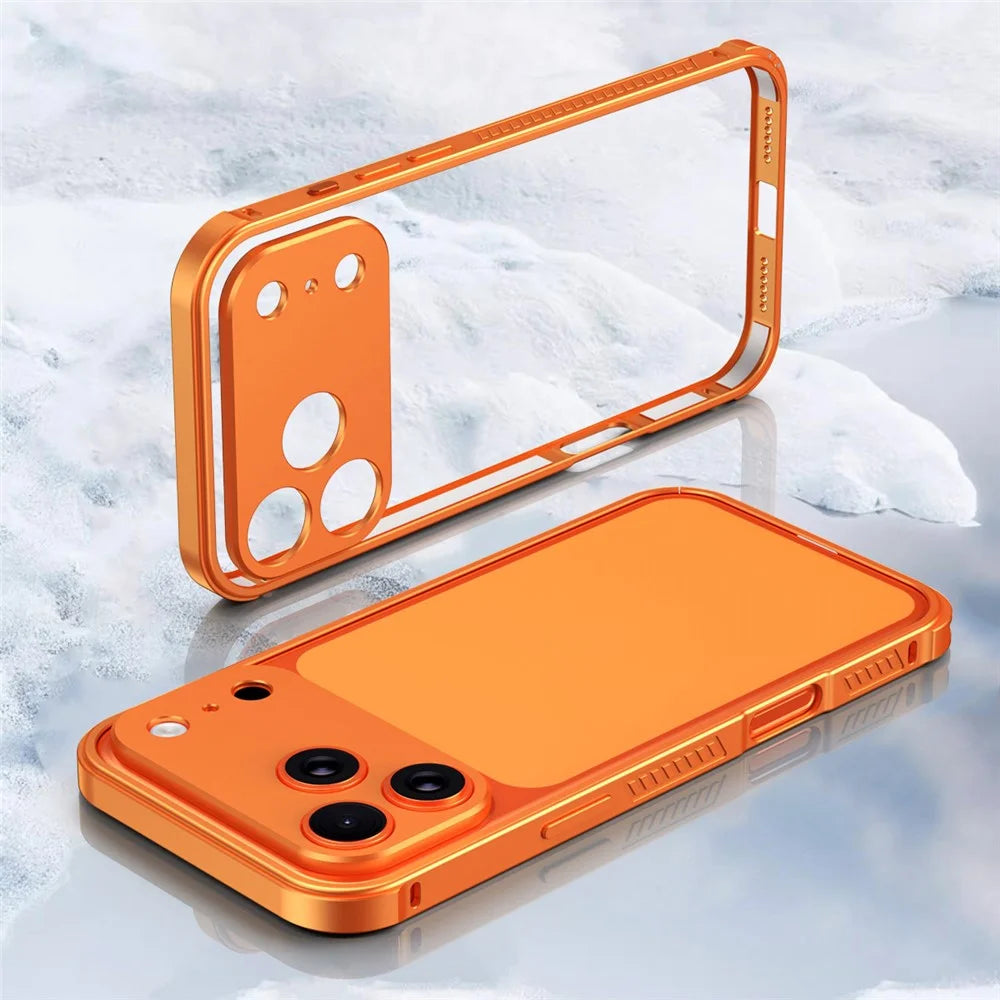 For iPhone 17 Pro Max Phone Cover Seahorse Buckle Aluminum Alloy Bumper Case with Metal Lens Frame - Orange - 4