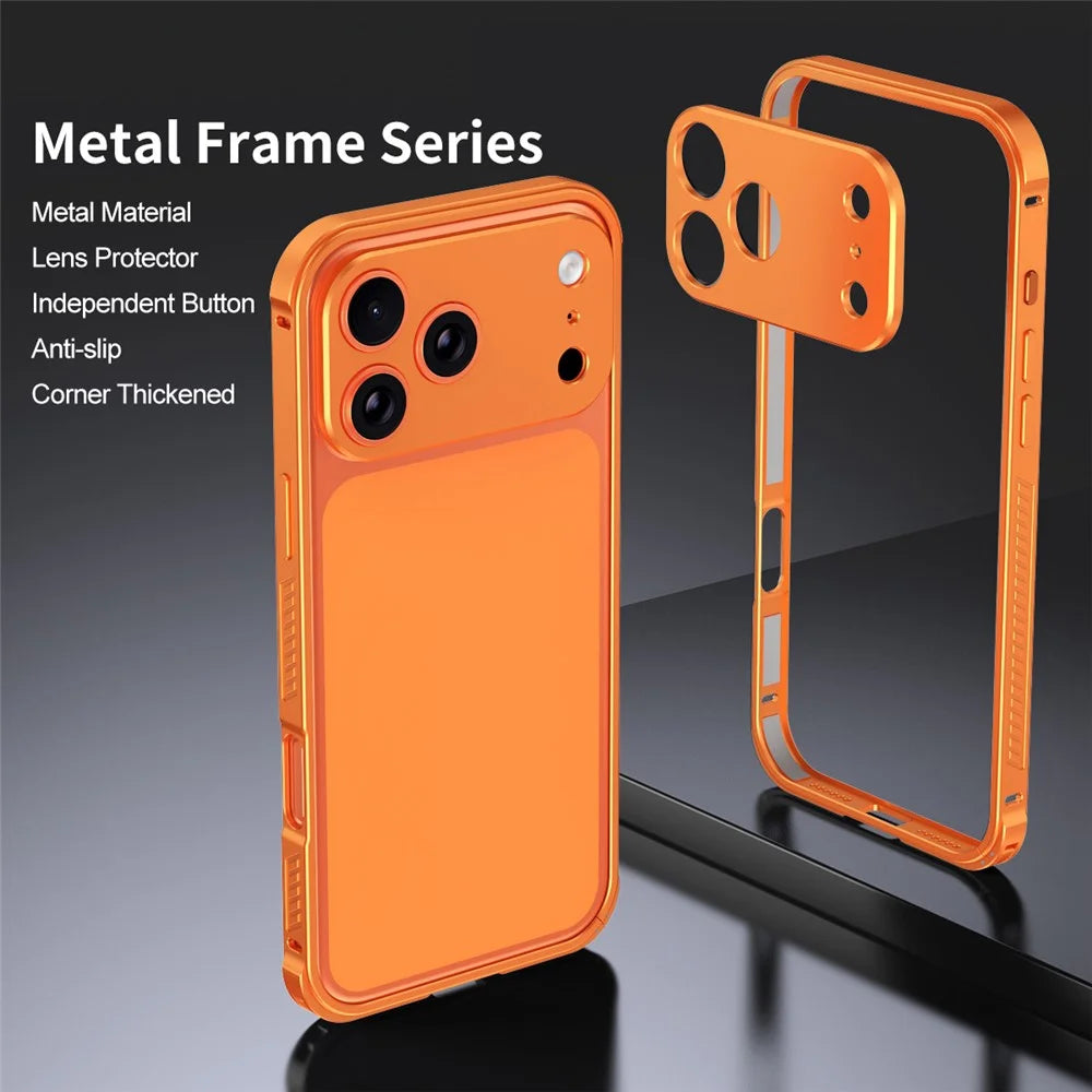 For iPhone 17 Pro Phone Cover Seahorse Buckle Aluminum Alloy Bumper Case with Metal Lens Frame - Orange - 3