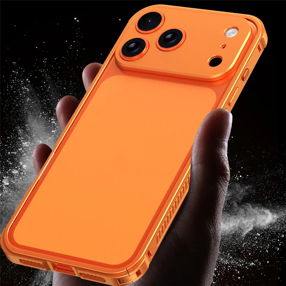 For iPhone 17 Pro Phone Cover Seahorse Buckle Aluminum Alloy Bumper Case with Metal Lens Frame - Orange - 5