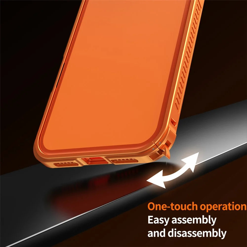 For iPhone 17 Pro Phone Cover Seahorse Buckle Aluminum Alloy Bumper Case with Metal Lens Frame - Orange - 7