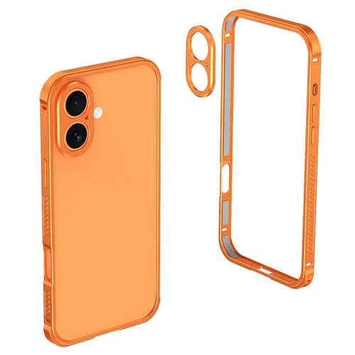 For iPhone 17 Phone Cover Seahorse Buckle Aluminum Alloy Bumper Case with Metal Lens Frame - Orange - 1