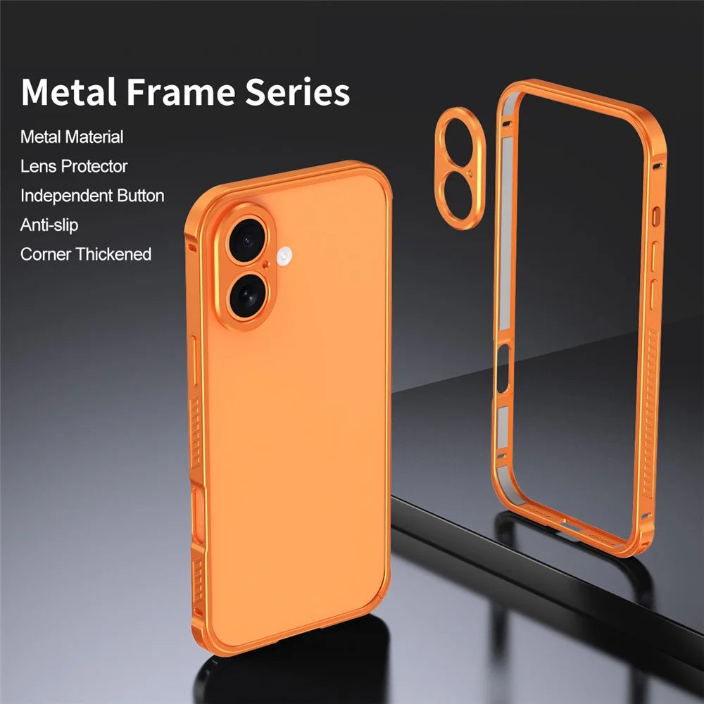 For iPhone 17 Phone Cover Seahorse Buckle Aluminum Alloy Bumper Case with Metal Lens Frame - Orange - 2