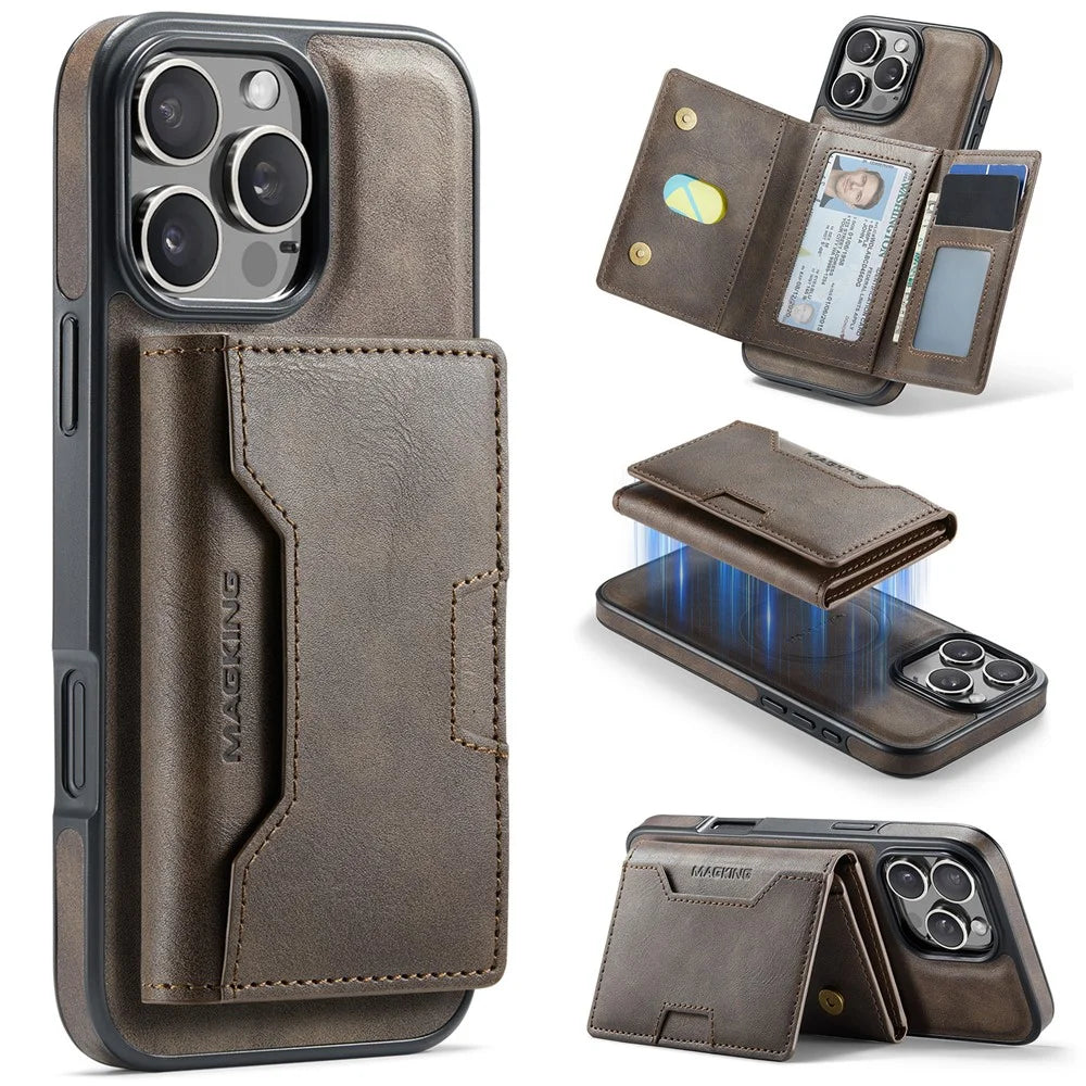 MAGKING K4 Series For iPhone 16 Pro Case Compatible with MagSafe Detachable Wallet PU TPU PC Phone Cover - Coffee - 1