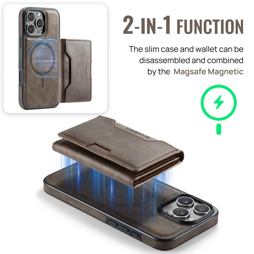 MAGKING K4 Series For iPhone 16 Pro Case Compatible with MagSafe Detachable Wallet PU TPU PC Phone Cover - Coffee - 5