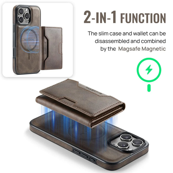 MAGKING K4 Series For iPhone 16 Pro Case Compatible with MagSafe Detachable Wallet PU TPU PC Phone Cover - Coffee - 5