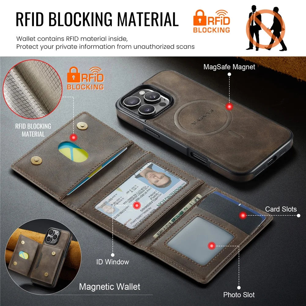 MAGKING K4 Series For iPhone 16 Pro Case Compatible with MagSafe Detachable Wallet PU TPU PC Phone Cover - Coffee - 7