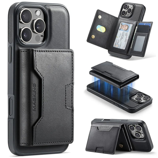 MAGKING K4 Series For iPhone 16 Pro Max Case Compatible with MagSafe Detachable Wallet PU TPU PC Phone Cover - Black - 1