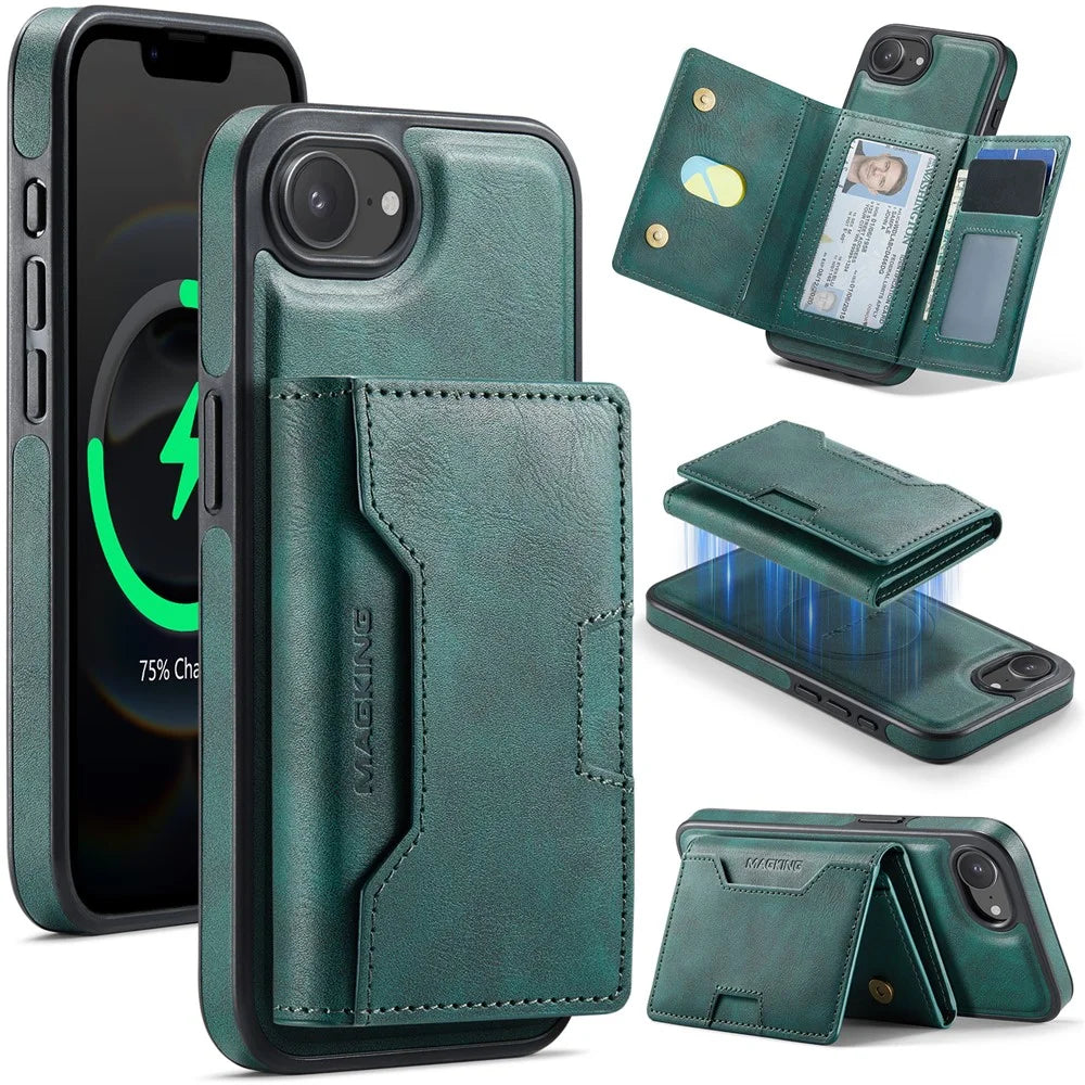 MAGKING K4 Series For iPhone 17e / 16e Case Compatible with MagSafe Detachable Wallet PU TPU PC Phone Cover - Green - 1